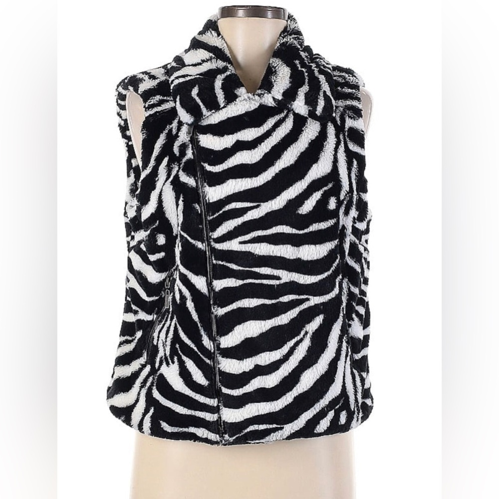 Adrienne Landau Black and White Zebra Print Vest Furry Soft Fuzzy Zip Up Medium